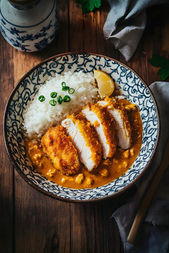 Delicious fried chicken curry rice in a Japanese style dish.