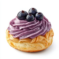 Delicious blueberry cream pastry with swirl of purple frosting and fresh blueberries on a soft flaky pastry base, ideal for dessert, snack or induence craving