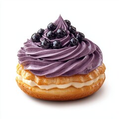 Delicious blueberry topped cream puff dessert with purple blueberry frosting and rich vanilla cream filling on a white background