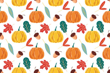 Cute autumn seamless pattern with leaves, acorns, rowan, pumpkin, berries in flat style. Background design for autumn package, wallpaper.