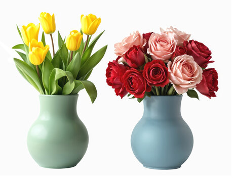 Vasi colorati con tulipani gialli e rose rosse e rosa su sfondo bianco. Generative AI