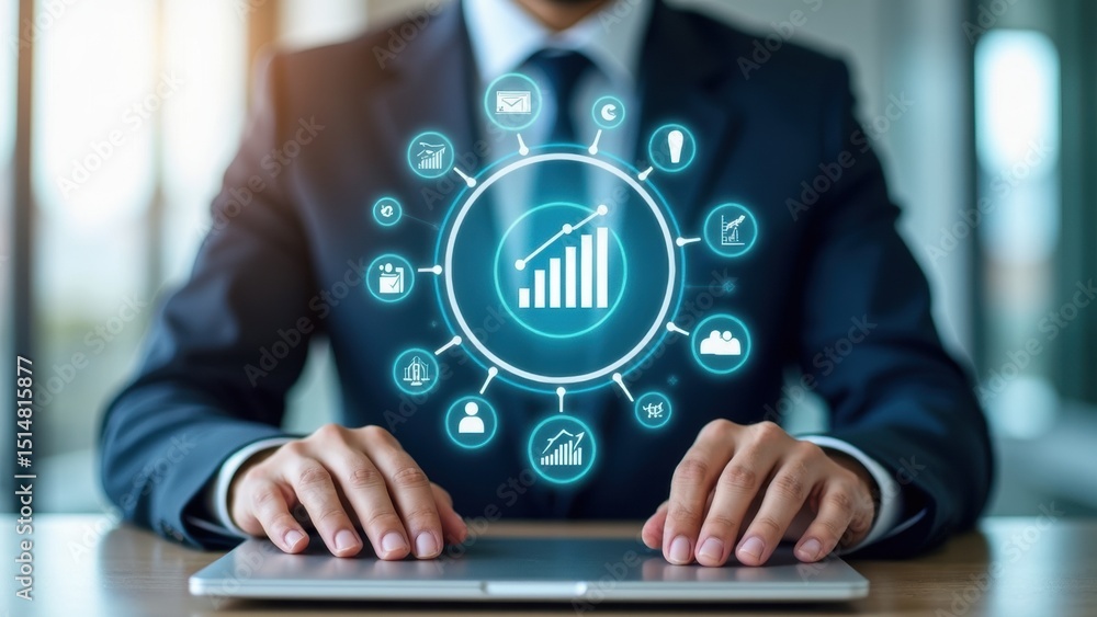 Poster man in a suit is typing on a laptop with a graphic of a man's hand on the screen. the graphic is a c