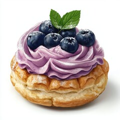 Delicious cream-filled pastry topped with fresh blueberries purple whipped cream and mint leaf perfect for dessert or snack in close-up detail