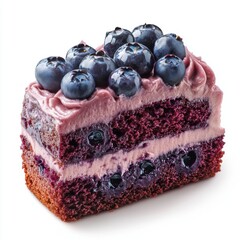 Delicious blueberry layered chocolate cake with whipped blueberry frosting and fresh blueberries on top, served as dessert or special occasion sweet treat