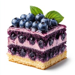 Delicious layered blueberry cake with fresh fruit and mint leaves, featu rich purple berry layers, moist sponge, creamy filling, and vibrant topping