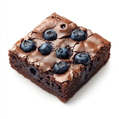 Delicious homemade chocolate brownie square with fresh blueberries on top, served as a sweet dessert or snack with rich chocolate flavor and juicy fruit topping