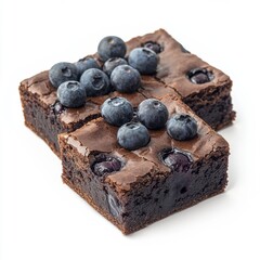 Delicious homemade double layered blueberry chocolate brownies topped with fresh blueberries and chocolate garnishes, close-up, tempting dessert composition
