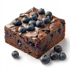 Delicious homemade blueberry chocolate brownie square with glossy chocolate glaze and fresh blueberries on a white background perfect for dessert recipes