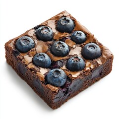 Delicious homemade chocolate brownie square topped with fresh blueberries and crunchy chocolate chunks, perfect dessert for all occasions and sweet cravings