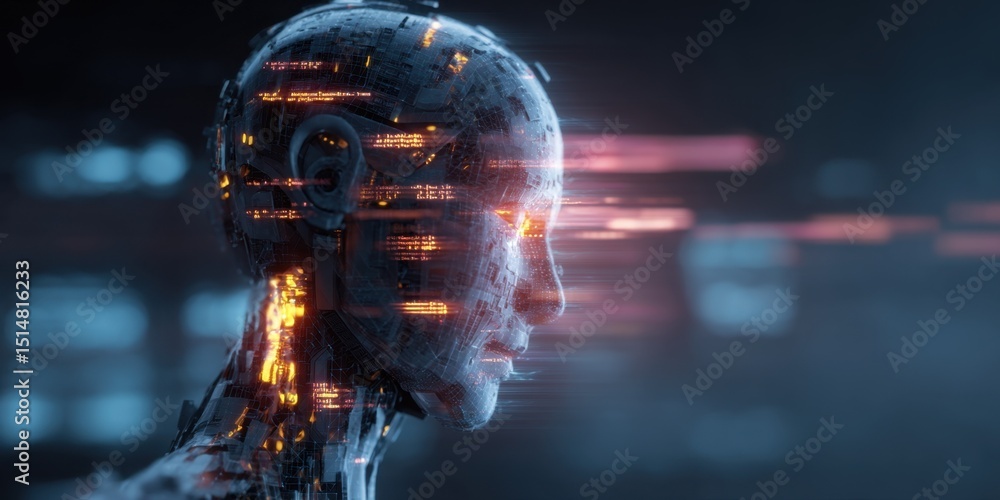Poster this detailed 3d illustration showcases an ai robot head with glowing holographic elements, reflecti