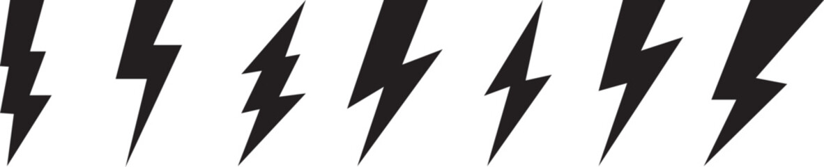 Set of Silhouette Lightning Bolt Icons, Thunder Strike, Power, Energy, Electric Shock, Flash, High Voltage, Icon Collection, Minimalist Design, Vector Symbols