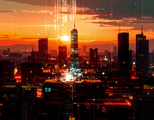 Obraz premium ネットワークの中枢ノードが故障し、都市の構造体がグリッチ崩壊を起す。正多角形で構成された都市は次々と破裂、分解されマトリックスコードの滝が空中に落ち続ける都市景観