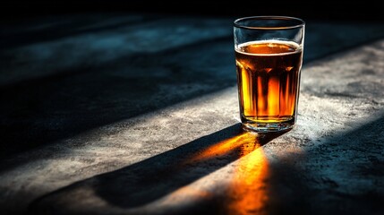 High contrast beer with sharp shadows on concrete, ambient nightlight