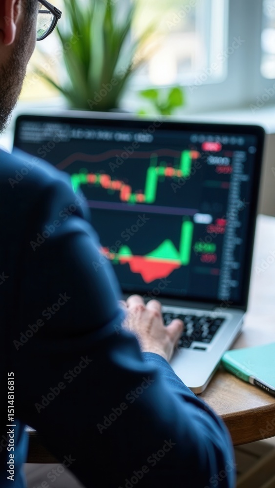 Poster businessman using laptop for analyzing data stock market. forex trading graph concept. trading forex