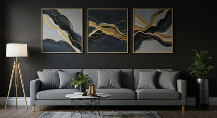 Realistic Interior of Living Room with Golden Abstract Wall Arts