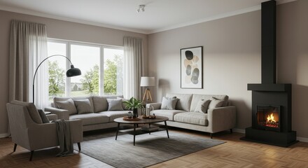 Realistic Living Room Interior with Fireplace Sofa in Beige Colors