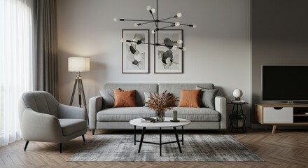 Realistic Living Room Interior with Gray Sofa and Modern Design