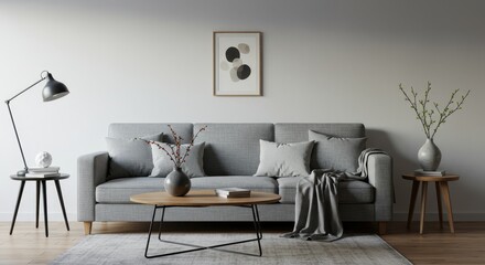 Realistic Living Room Interior with Grey Couch and Modern Decor