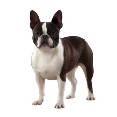 Fototapeta premium A cute Boston Terrier standing elegantly against a white background, showcasing its distinctive short coat, expressive eyes, and playful demeanor, perfect for pet lovers.