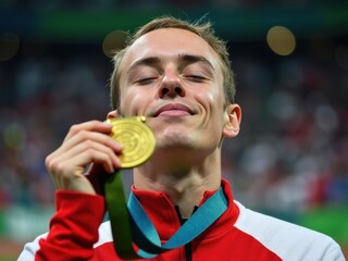 Man is holding a gold medal and smiling. Concept of accomplishment and pride