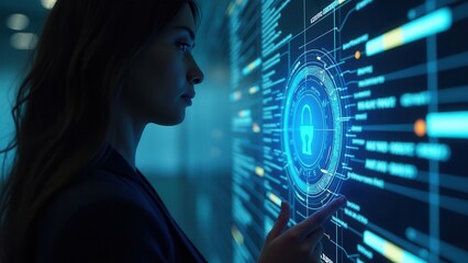 Cyber security firewall interface protection concept.Personal data security and banking. Protecting herself from cyber attacks..