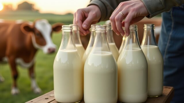 Person is holding a glass of milk and a cow is in the background. There are six bottles of milk on a table