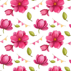 Seamless watercolor travel pattern on white background. Hand drawn flowers, leaves, letters