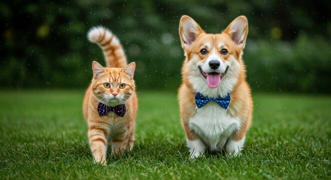 Realistic Image Cute Cat Dog Corgi Pets Wear Bowties on Green Grass