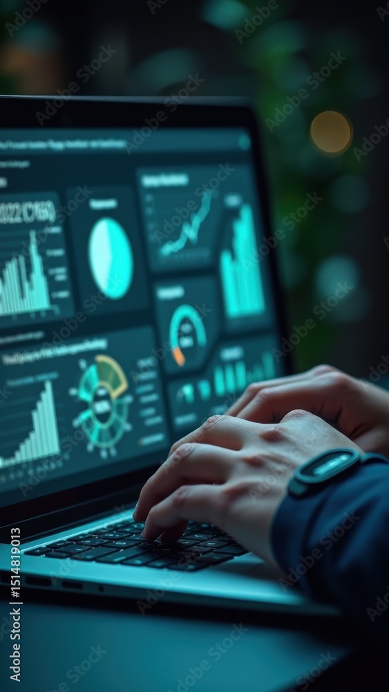 Poster person is typing on a laptop with a green screen displaying various graphs and charts. scene is focu