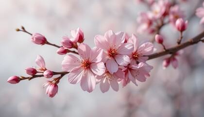 Obraz premium A delicate cherry blossom branch with soft pink petals and tiny buds isolated on white