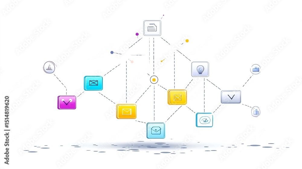 Poster linear flowchart with curved connectors and colorful icons