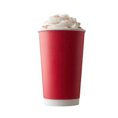 A vibrant red cup filled with whipped cream topped with a sprinkle of cocoa, perfect for a cozy beverage. Ideal for seasonal promotions or festive occasions.