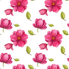 Seamless watercolor travel pattern on white background. Hand drawn flowers, leaves, letters