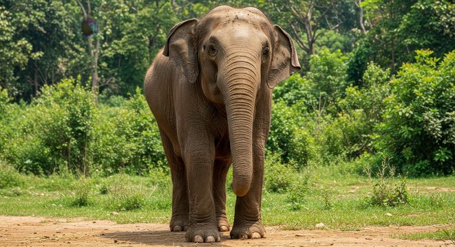 Realistic Image Of Gray Elephant Covered In Mud Walking Through Forest