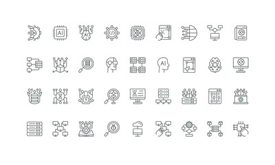 User and AI interaction, smart solutions, microchip thin black symbols vector illustration. AI and big data science, algorithm and structure, futuristic server network and cloud line icon set.