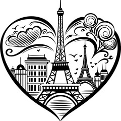 Fototapeta premium A heart-shaped illustration of Paris featuring the Eiffel Tower and romantic elements creating a charming and iconic cityscape.