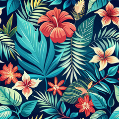 Tropical Paradise Seamless Pattern with Vibrant Flowers and Lush Leaves.