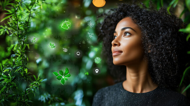 Woman in sustainable office analyzing carbon data and ESG charts projected from tablet in ecofriendly workspace environment