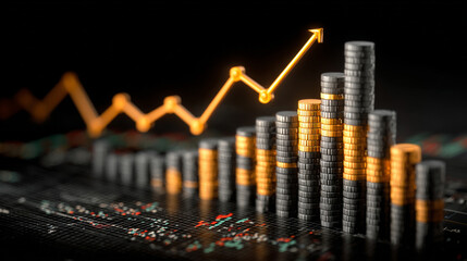 A sleek, professional financial growth chart illustrates the upward momentum of stock market investment and trading success.  Generative AI