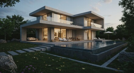 Realistic Image Of Modern Villa With Pool And Garden With Natural Light
