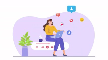 Woman using laptop interacting with social media icons - Powered by Adobe