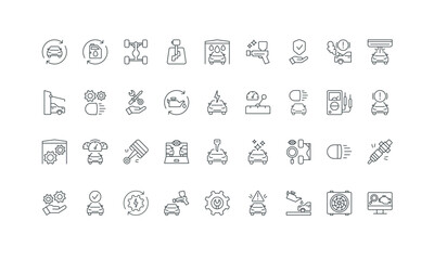 Fix vehicle problem in workshop outline symbols vector illustration. Car maintenance and repair service, auto shop, insurance line icon set. Auto service, Car garage icon set.