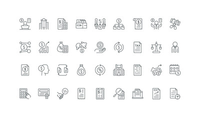 Business accounting, control and management of budget, account, financial documents by accountant line icon set. Inspection of profit and expenses thin black and red outline symbol vector illustration