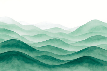 Fototapeta premium Abstract watercolor painting of serene green mountains and misty hills