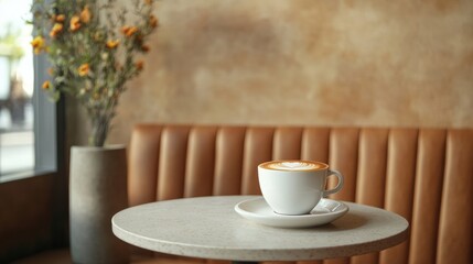 Cozy cafe interior with a round table, a white coffee cup and saucer, brown leather bench seating, warm ambient lighting, and decorative plants in a modern setting