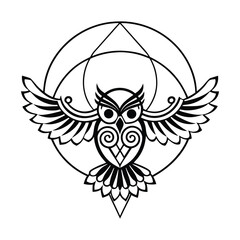 Obraz premium Eagle owl with wings in a flying vector cartoon design featuring feathers and symbolic elements
