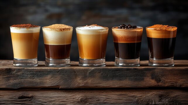 Assorted coffee drinks in small glasses lined up on a rustic wooden surface with a dark blurred background perfect for cafe menu or beverage promotional use