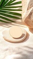 Beige Round Badge Pin Mockup on Cotton Cloth with Tropical Leaf and Stone