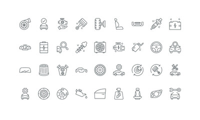 Gearshift and spare wheel, tire and seat, piston, brake thin black outline symbols vector illustration. Car parts for change and vehicle repair in garage, automobile engine line icon set.