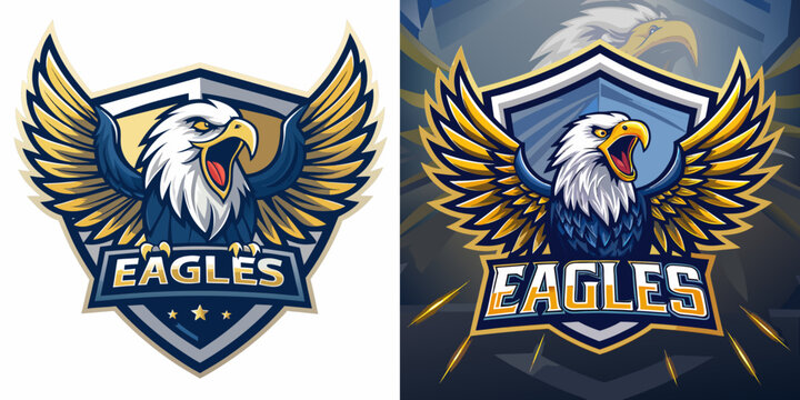 Majestic eagle mascot logos with wings spread wide in patriotic blue and gold crests, suited for freedom-based sports branding, defense themes, or digital logos, vector